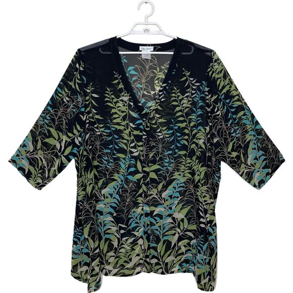 ULLA POPKEN Black Green Sheer Tunic Blouse Leaf Nature Print Boho Flowy Sz 28/30 - Picture 1 of 8